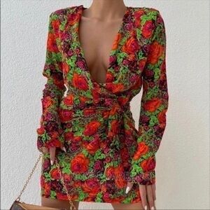 New Zara | Red & Green Romantic Long Sleeve Floral Print Wrap Dress Size Small